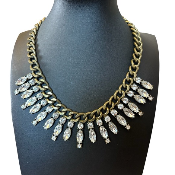 Ann Taylor Loft Rhinestone Bib Necklace Gold Tone Drop Rhinestone Statement - Picture 1 of 16